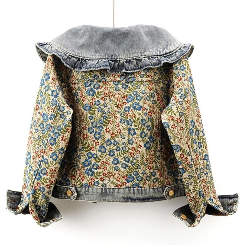 Women’s Sweet Peter Pan Collar S-2XL Long Sleeve Jacquard Denim Jacket Blue - Picture 4 of 6